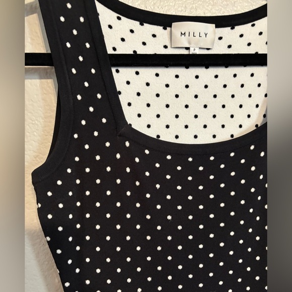 MILLY Women's Micro Dot Fitted Dress, black and white polka-dot. Midi size 6 P - Picture 7 of 7
